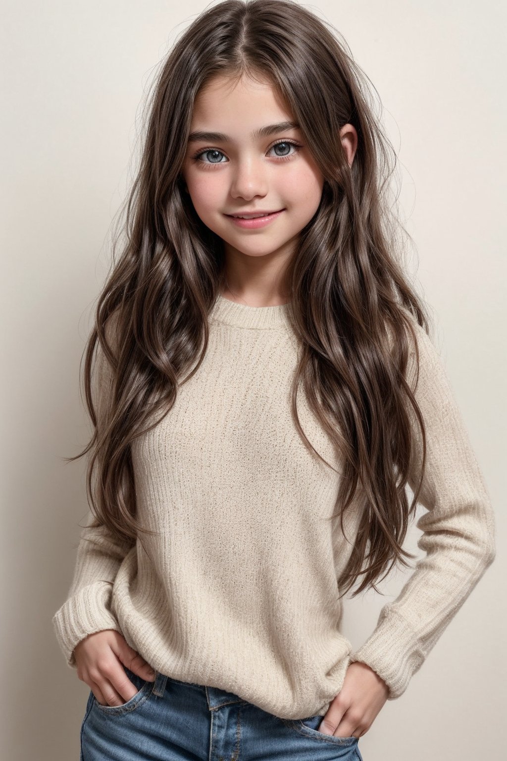 A close-up full-body shot of a bright-eyed tween girl, standing confidently in front of a neutral-colored background. Her messy brown hair cascades down her back as she stands with one hand resting on her hip and the other holding a favorite accessory, gazing directly at the camera with an inviting smile.