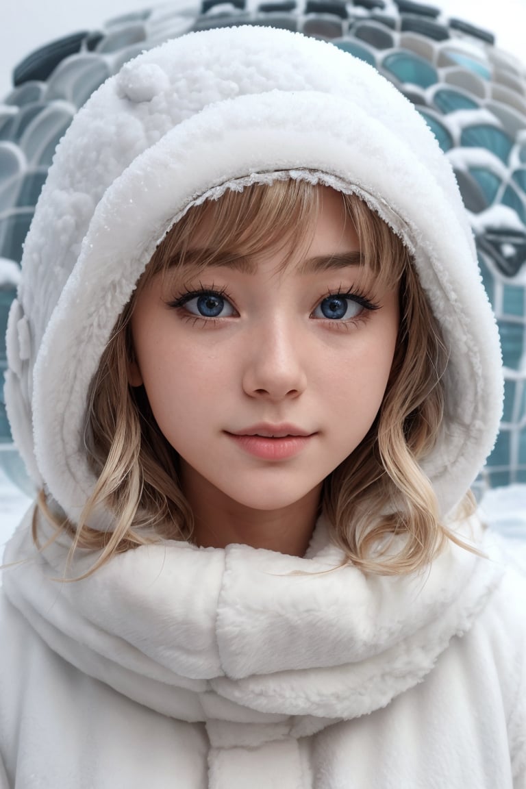 medium shot,front view,1girl,blonde gradient hair(blunt bangs, curly_hair),((eskimo)),(((igloo))),(North Pole),((blunt bangs)),(winter),(snow),Best Quality, 32k, photorealistic, ultra-detailed, finely detailed, high resolution, perfect dynamic composition, beautiful detailed eyes, sharp-focus ,breasts ,chinatsumura,(looking at viewer), looking_at_viewer, front_view,Bomi,Japanese mature woman,JeeSoo ,3va,z1l4,