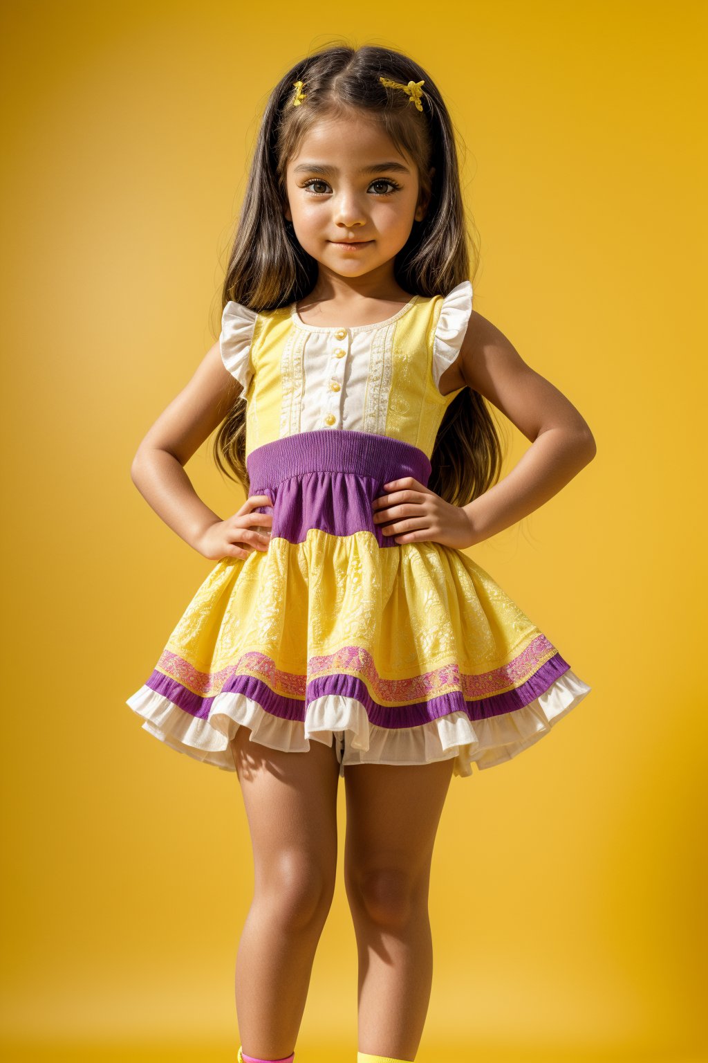 A young girl, around 11 years old, with a petite build and a mini-style, stands in alluring pose and the legs are slightly open. childish colorful wear, looking down with a mixture of curiosity and embarrassment against a bright yellow background.(bright yellow background)