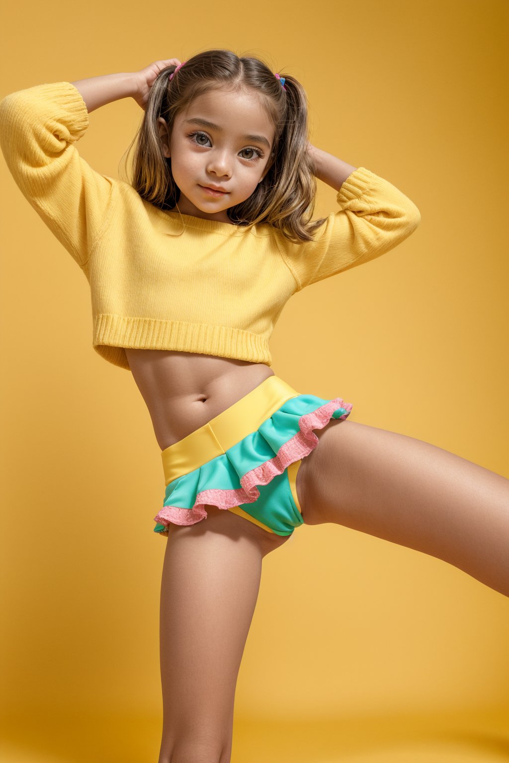 A young girl, around 11 years old, with a petite build and a mini-style, stands in alluring pose and the legs are slightly open. childish colorful wear, looking down with a mixture of curiosity and embarrassment against a bright yellow background.(bright yellow background)