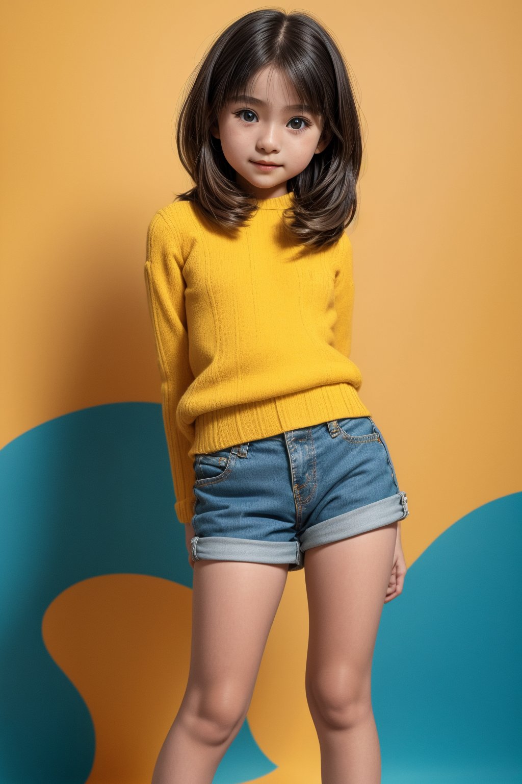 A young girl, around 11 years old, with a petite build and a mini-style, stands in alluring pose and the legs are slightly open. childish colorful wear, looking down with a mixture of curiosity and embarrassment against a bright yellow background.(bright yellow background)