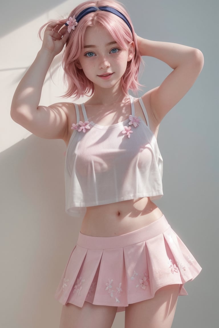 Best quality,cute scene, 1girl,18 years_old,light_pink_hair, freckles, pale_skin, large breasts,white crop top,mini skirt, full_body, photorealistic, headband with small pink flowers