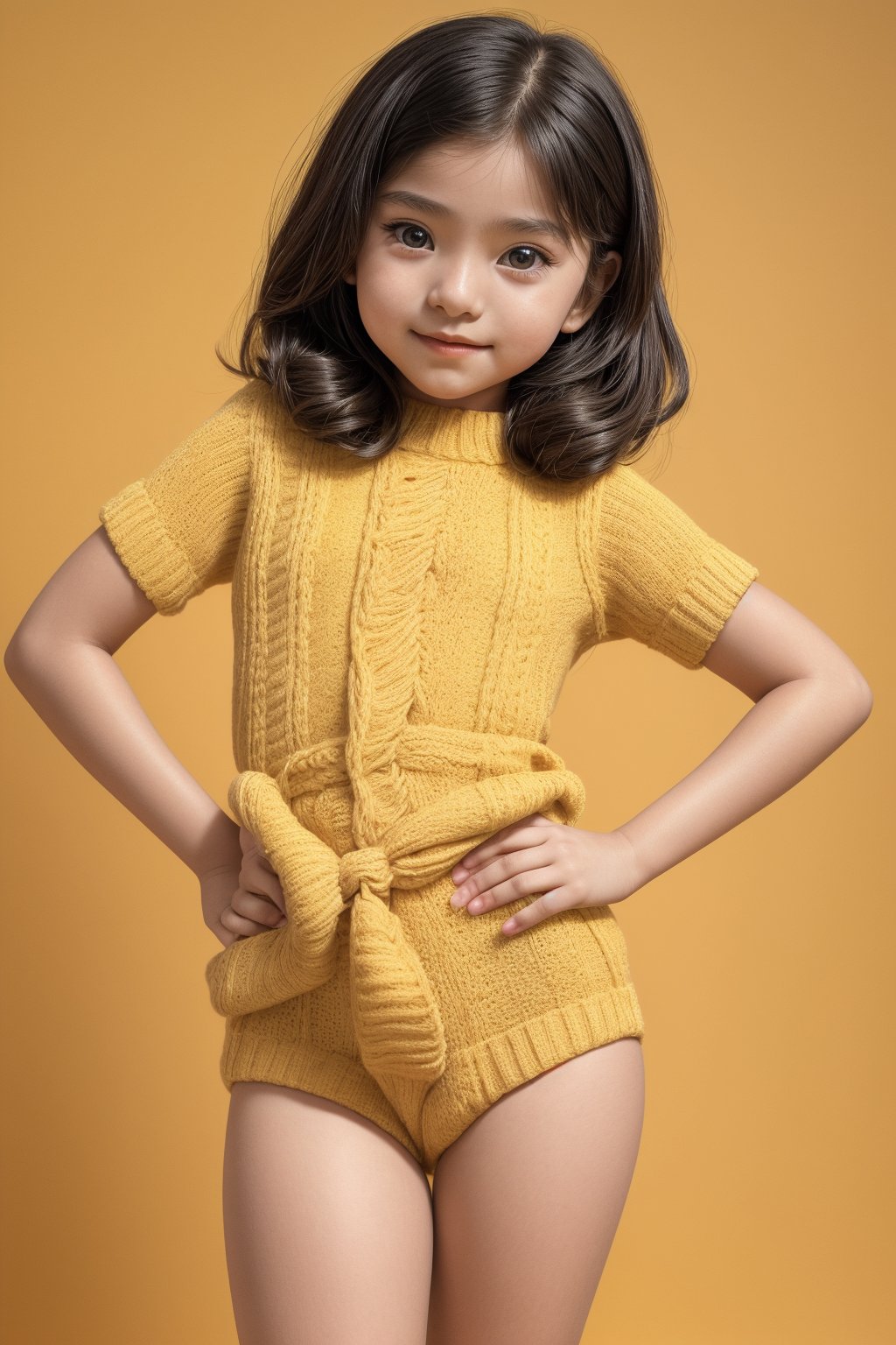 A young girl, around 11 years old, with a petite build and a mini-style, stands in alluring pose and the legs are slightly open. childish colorful wear, looking down with a mixture of curiosity and embarrassment against a bright yellow background.(bright yellow background)