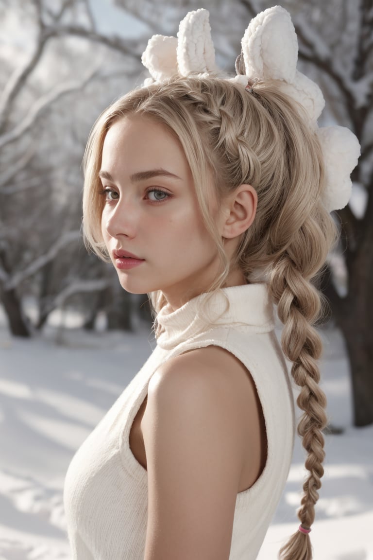 Stunning tween goddess posed provocatively from the side, her toned physique on full display as she confidently showcases her curvaceous figure. Short, snowy locks are styled in intricate braids and pigtails, framing her flawless features. Masterful composition captures the heat of the moment, with warm lighting accentuating every definition on her youthful body.