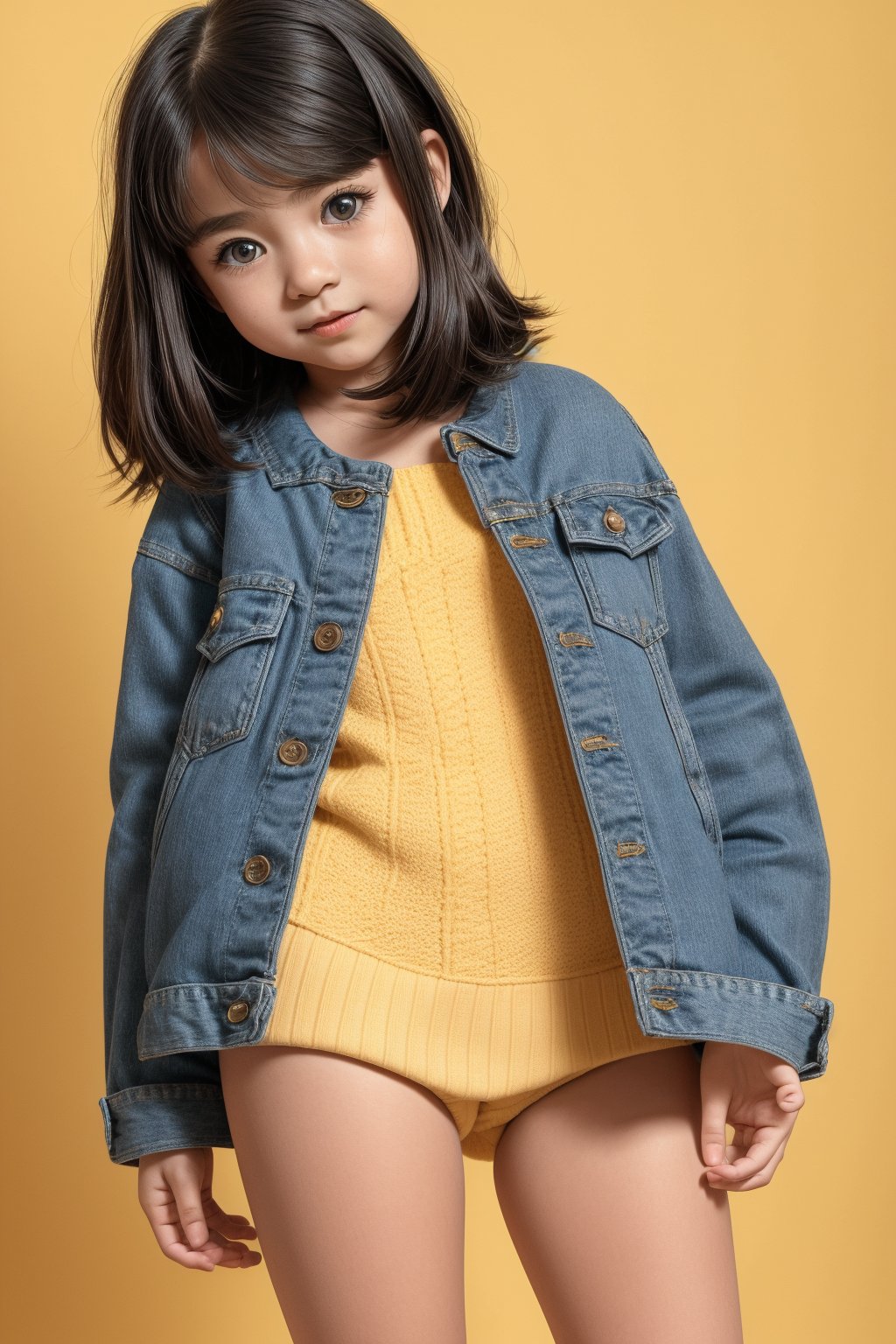 A young girl, around 11 years old, with a petite build and a mini-style, stands in alluring pose and the legs are slightly open. childish colorful wear, looking down with a mixture of curiosity and embarrassment against a bright yellow background.(bright yellow background)