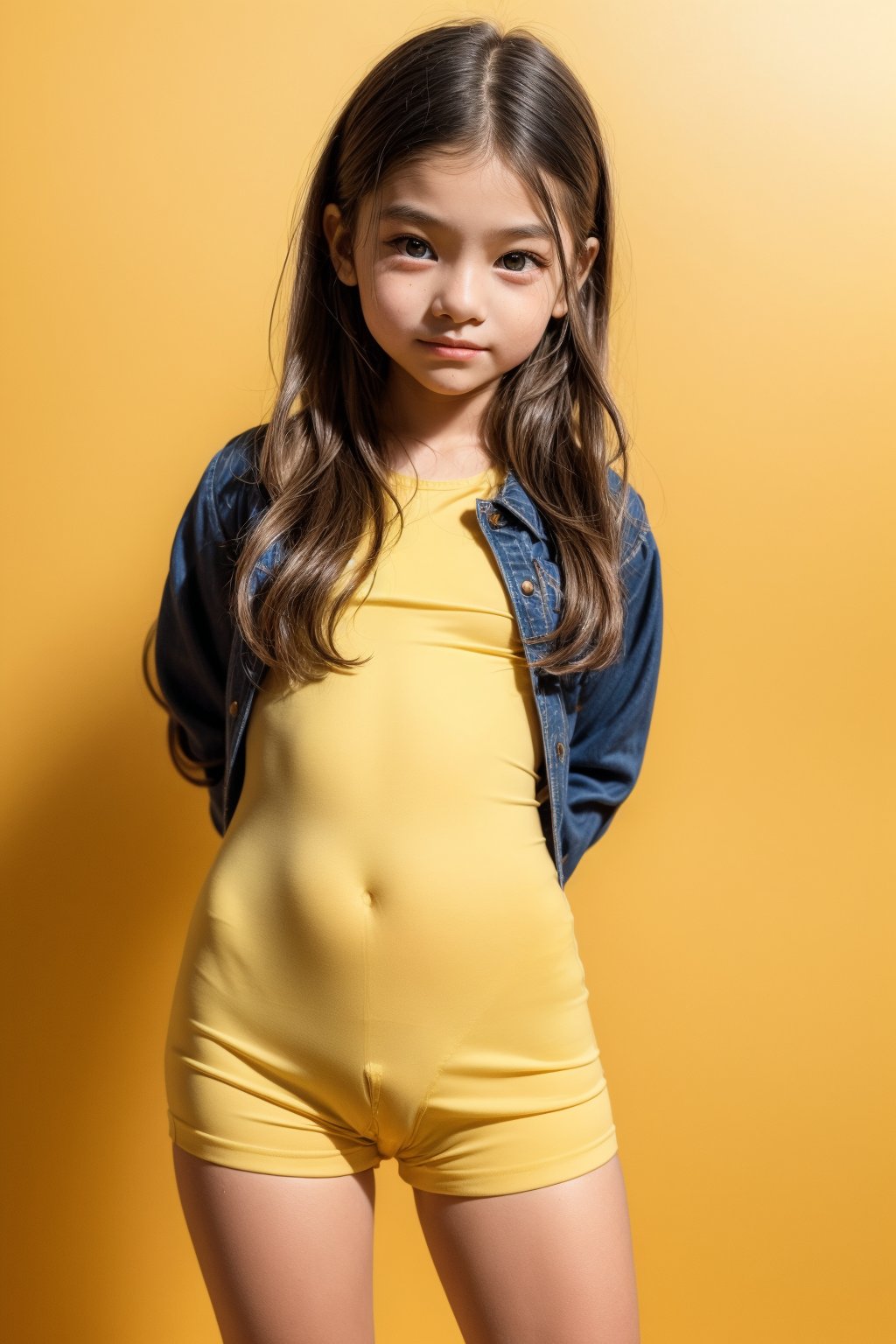 A young girl, around 11 years old, with a petite build and a mini-style, stands in alluring pose and the legs are slightly open. childish colorful wear, looking down with a mixture of curiosity and embarrassment against a bright yellow background.(bright yellow background)