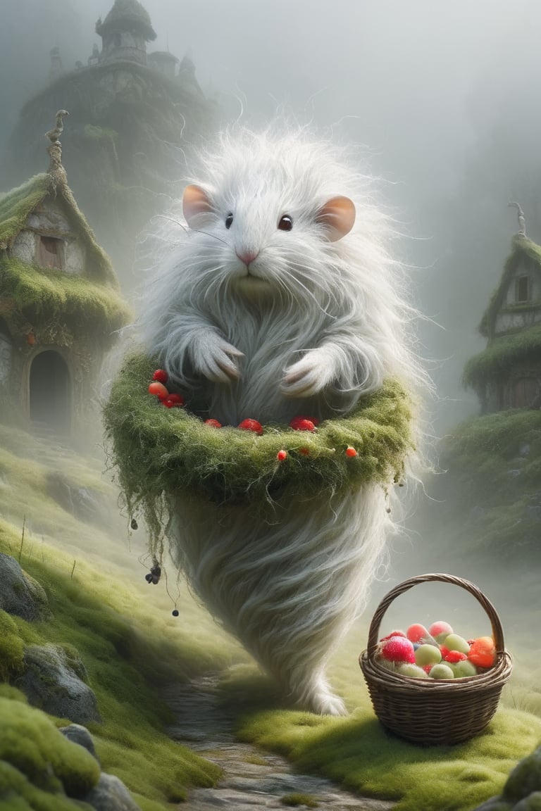 Imagine the following scenario.
An old white mouse with a long bushy mustache dressed in wool with a human body.
 All beautiful and a mystical moss grass hut hidden deep in a misty valley.
Picking fruits and placing them in baskets.
,DonM3l3m3nt4lXL