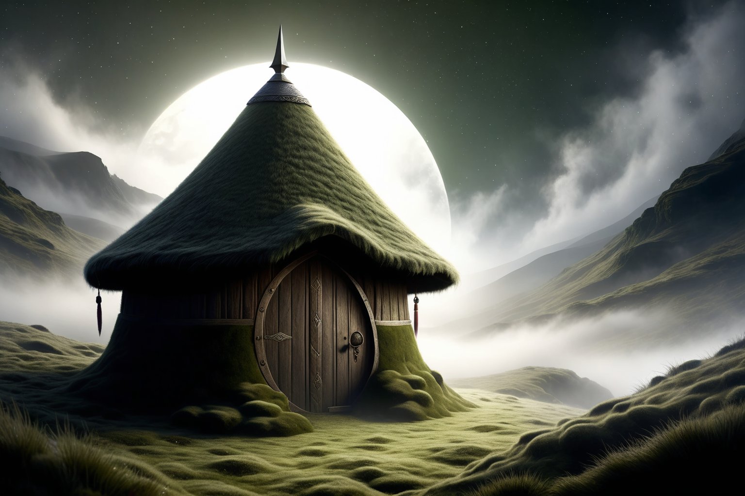 Imagine the following scene.
A crescent-shaped sword cleaves the eyes.
in wool and a mystical moss grass hut hidden deep in a misty valley stands at the door
cut bleed in dark sky.
DonMW15pXL