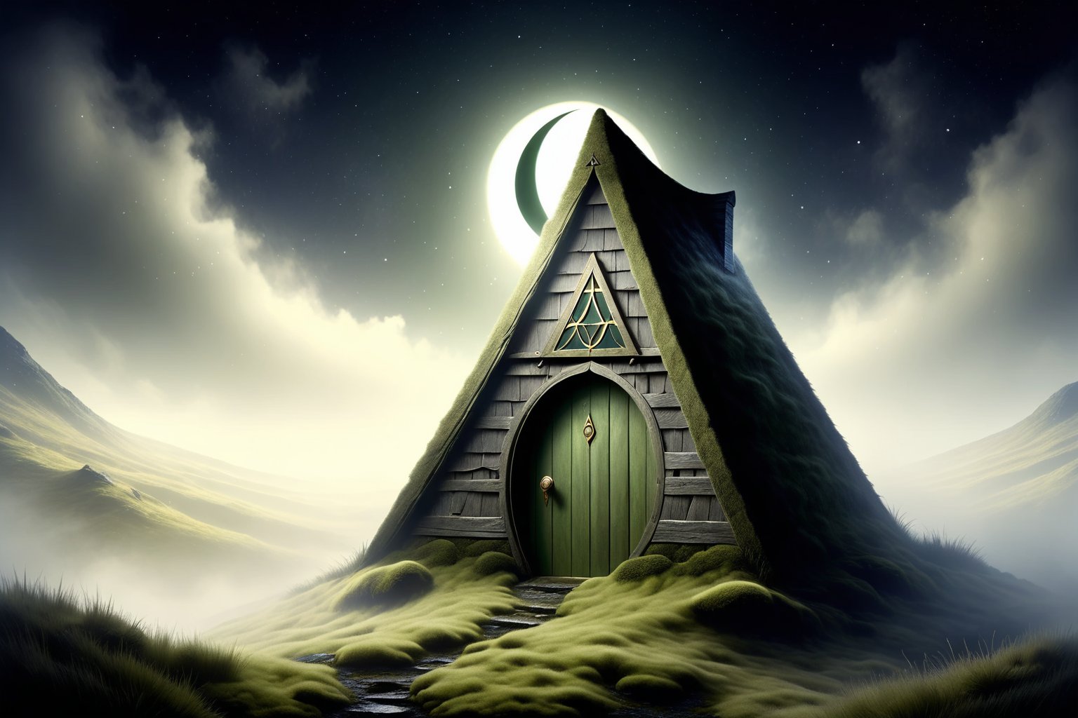 Imagine the following scene.
A crescent-shaped sword cleaves the single eye in the triangle.
in wool and a mystical moss grass hut hidden deep in a misty valley stands at the door
cut bleed in dark sky.
DonMW15pXL