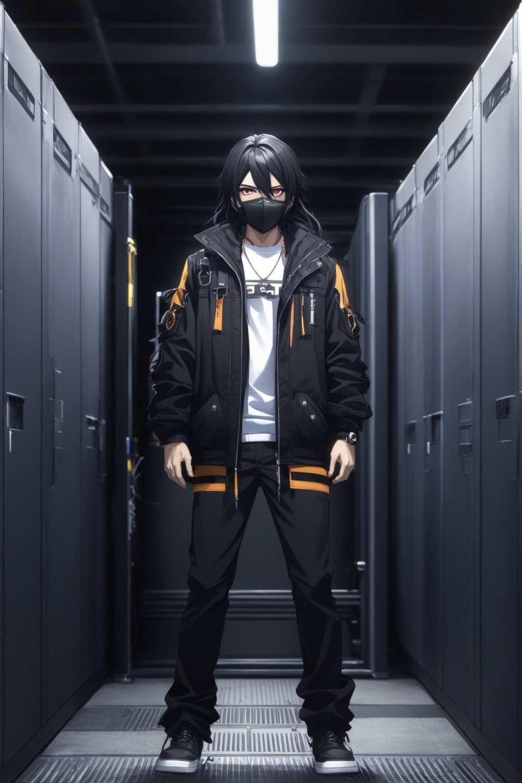 16 year old boy, white hair, very long hair, with a black face mask that covers the entire face, the entire face covered, long black robe down to the feet, dark background, and white shirt, looking at the viewer, full body 1 ,40 meters, dark room, and behind some computers with a dark background.,kazuto_kirigaya, black hair