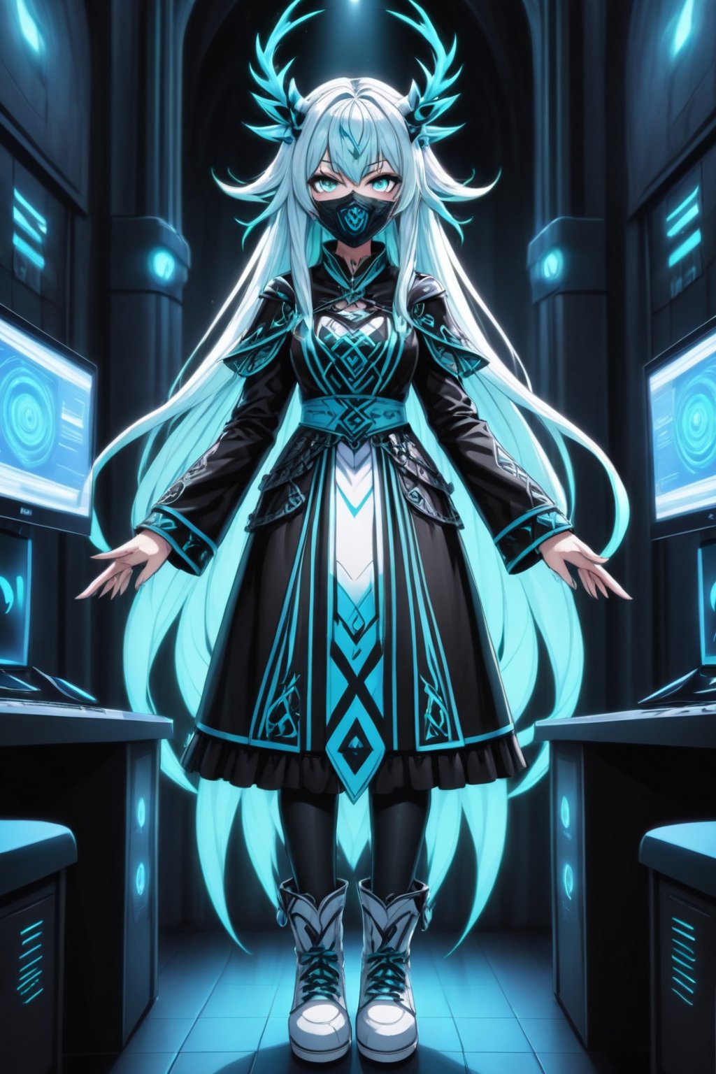 16-year-old girl, white hair, very long hair, with a black facial mask that covers the entire face, the entire face covered, long black robe to the feet, dark background, and white shirt, looking at the viewer, full body 1.40 meters, dark room, and behind it some computers with a dark background.,anime coloring,ruanyi0618,SHARP REALISTIC MODEL 