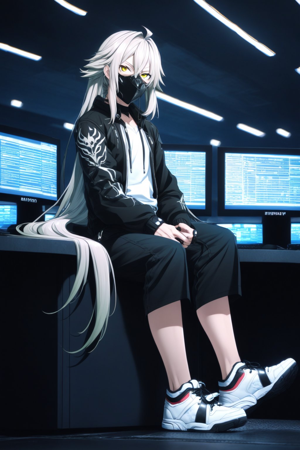 rimuru_tempest, 16 year old boy, white hair, very long hair, with a black face mask that covers the entire face, the entire face covered, long black robe down to the feet, dark background, and white shirt, looking at the viewer, full body 1 ,40 meters, dark room, and behind some computers with a dark background.,kazuto_kirigaya