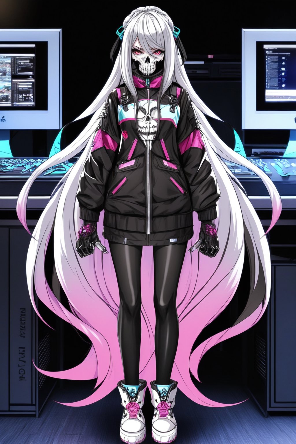 16-year-old girl, white hair, very long hair, with a black facial mask that covers the entire face, the entire face covered, long black robe to the feet, dark background, and white shirt, looking at the viewer, full body 1.40 meters, dark room, and behind it some computers with a dark background.,anime coloring,ruanyi0618,SHARP REALISTIC MODEL ,Hollow,Skull mask