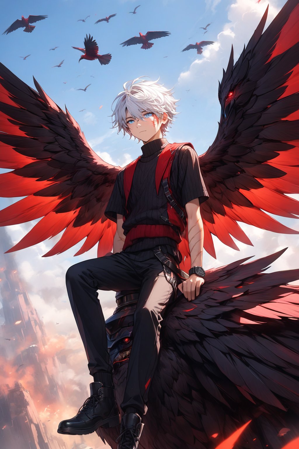 16-year-old boy, white hair, black short-sleeved sweater, black and red vest, black knee-length military pants, scar on his left eye, blue eyes, riding a giant black and red 4-winged bird.