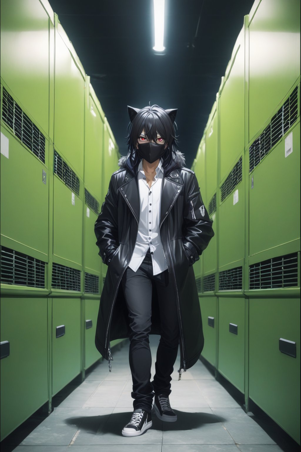 16 year old boy, white hair, very long hair, with a black face mask that covers the entire face, the entire face covered, long black robe down to the feet, dark background, and white shirt, looking at the viewer, full body 1 ,40 meters, dark room, and behind some computers with a dark background.,kazuto_kirigaya, black hair