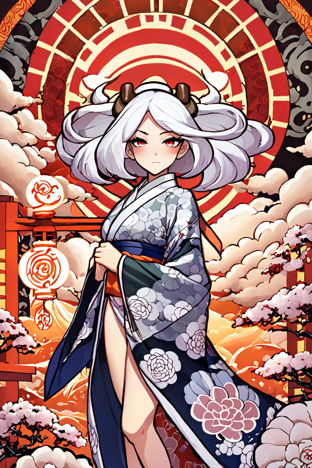 A mysterious Oni warrior, 'Kokoro', stands proudly amidst a vibrant, swirling background featuring intricate Japanese patterns. starlits skies at beautiful shrine, Her striking features are illuminated by realistic, high-fidelity lighting, showcasing her porcelain complexion and piercing gaze. A cascade of long, flowing white hair frames her face, while a stylish kimono wraps around her lithe figure. High-heels adorn her feet, adding a touch of sophistication to her intimidating presence. (skullgirls art style : 1.3), [bold outlines art : 1.2], (sensual manhwa art : 2), (cartoon webcomics style art : 1.3),