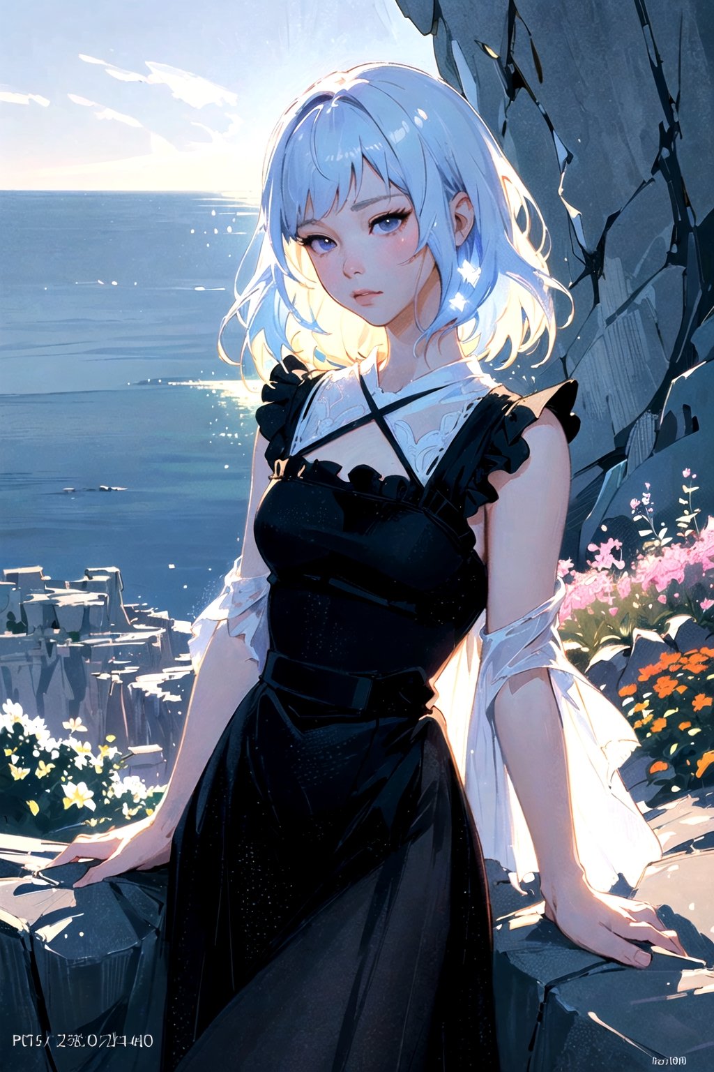 seatted women at cliff, garden cliff, 1 girl, perfect light, (masterpiece), (manhwa wallpaper art, elya kuvshinov art, sam does art), (uhd, hdr, 4k, post-processing effect, vivid colors, high-contrast, high-definition, entricate, bloomy lighting, cinematic aspects), sad and beautiful portrait,