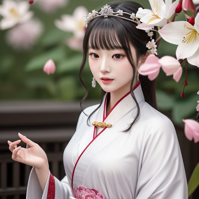 An porcelain statue. An ancient Chinese Guanyi buddha (beauty) ,  wearing an elegant Hanfu which has the embossed patterns and fine work of the dress , with fresh flowers adorning her voluminous hair bun. The head crown is elegant as wedding hair pin. The jet-black hair is coiled up with elegant crown. Soft, white Lily and lotus (cherry) blossom branches in the background with petals falling. The composition focuses on a close-up of the upper body, highlighting her delicate facial features and graceful posture. HD, beautiful