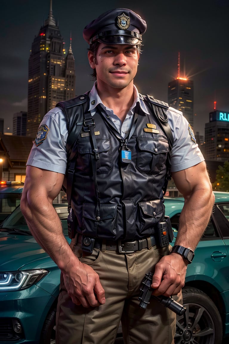 4k,best quality,masterpiece,arrogant 30 year old,Ultra-realistic,sharp, Hyper grisp rendering,realistically rendering, perfect proportions , body hair, dewy, glowing skin,glistening oiled skin , healthy lip, random hand, cute smile , arms veins, arms hair,holding  gun,Thai khaki color police officer uniform ,(( Thai police officer)),(( Thailand))