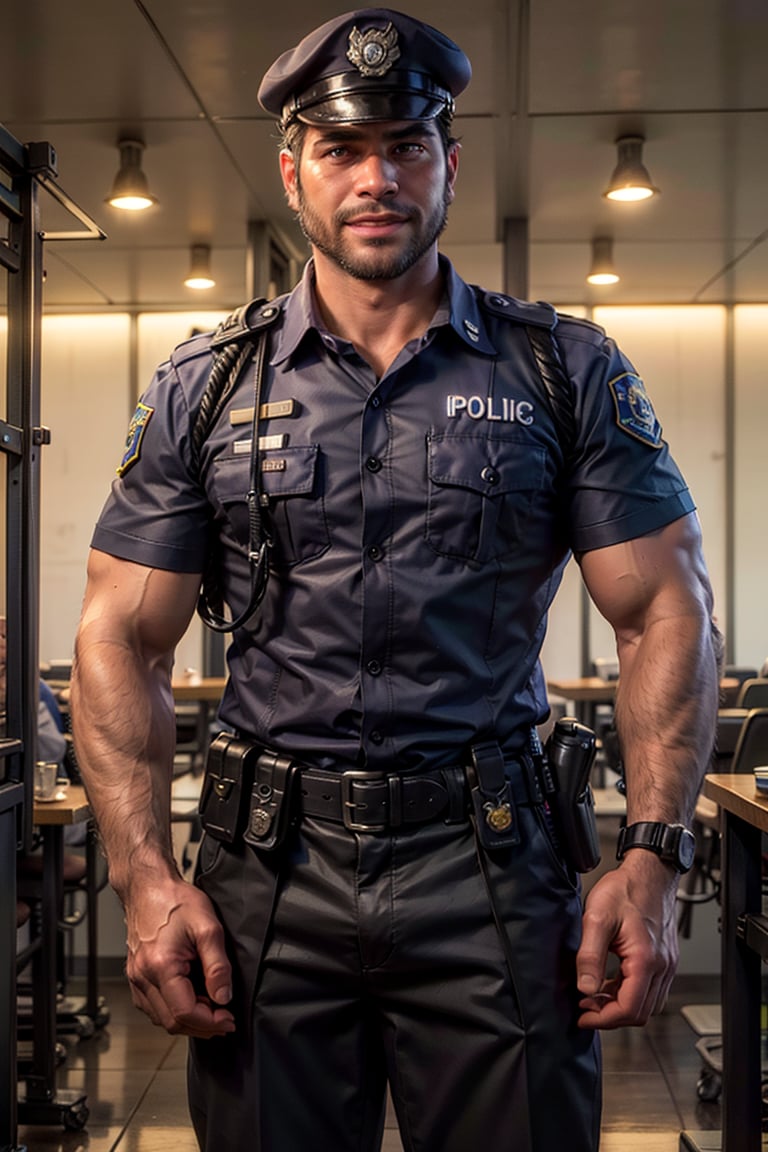 4k,best quality,masterpiece,arrogant 30 year old,Ultra-realistic,sharp, Hyper grisp rendering,realistically rendering, perfect proportions , body hair, dewy, glowing skin,glistening oiled skin , healthy lip, random hand, cute smile , arms veins, arms hair,holding  gun,Thai khaki color police officer uniform ,(( Thai police officer)),(( Thailand))