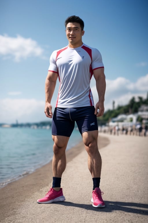 Asian man, handsome , Red glasses frame and reflecting glasses,stubble  , muscle, photorealistic, luxury sportswear ,full_body ,strong legs ,big calf,big calves, jocking at beaches,alone 