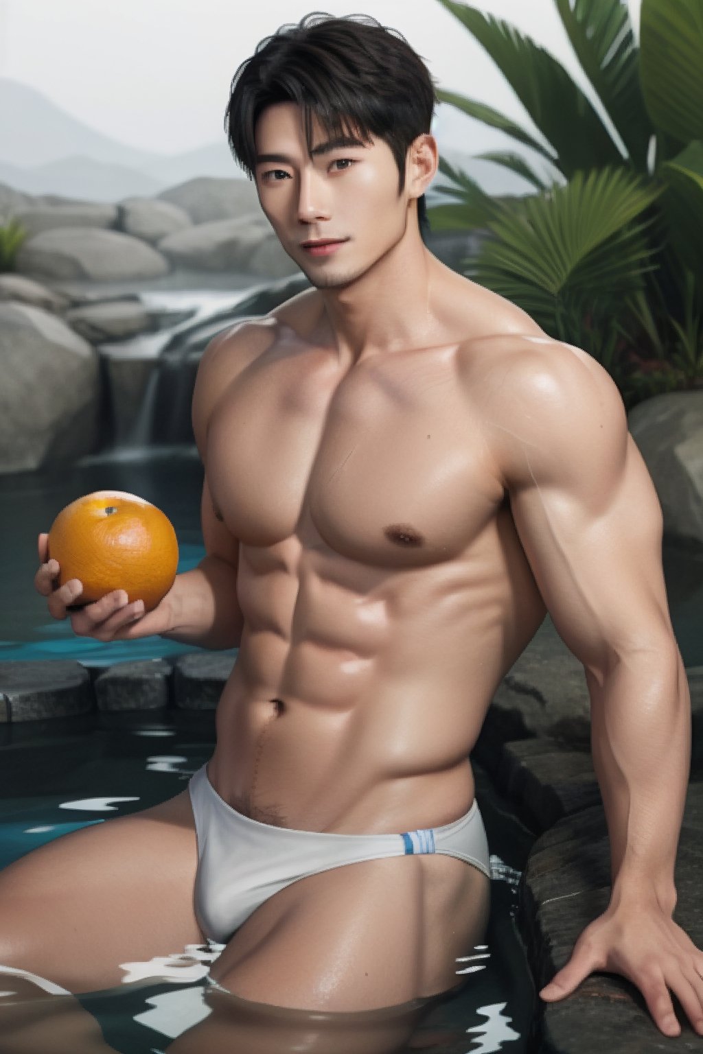 a handsome Japanese man about 28 yeas old , stubble,middle muscular,in hot spring,highly details, shot hair, high-impact strictly face,hyperrealism, 7680 x 4320 pixels resolution showcases his sharp features, grisp rendering quality pixels, lifelike photography showcasing an physique ,
Oranges,murky mineral water,Condensed milk-white water, towel
