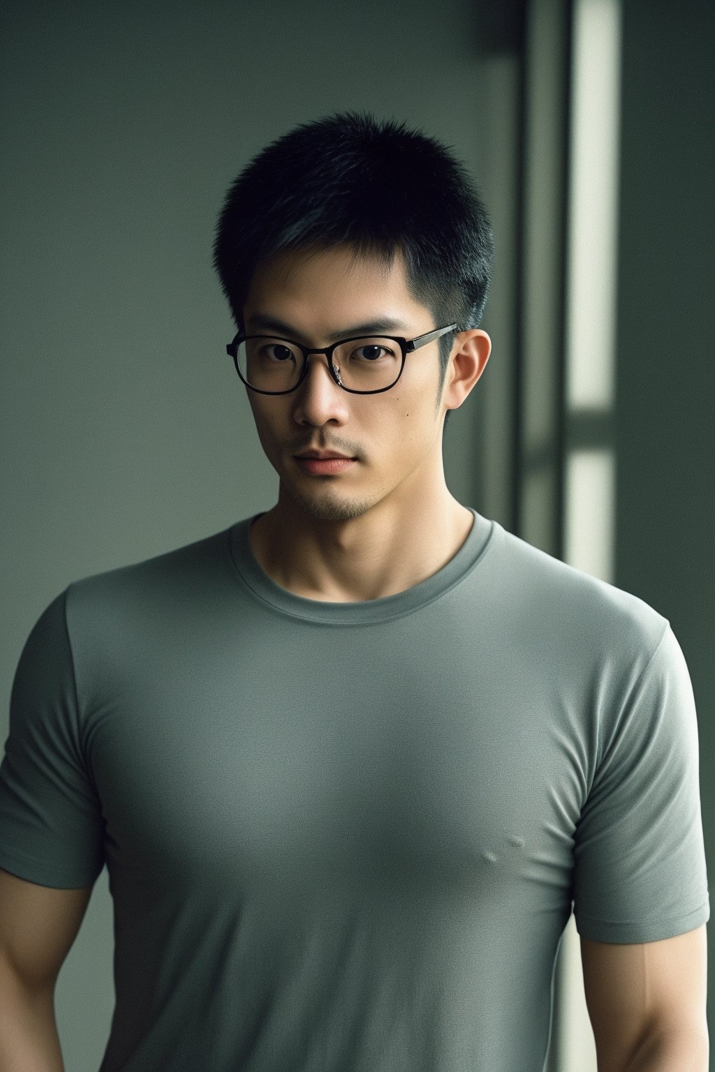 Taiwanese man,glasses , handsome , stubble, male focus, cinematic lighting, film photography,Muscle, fit t-shirt 