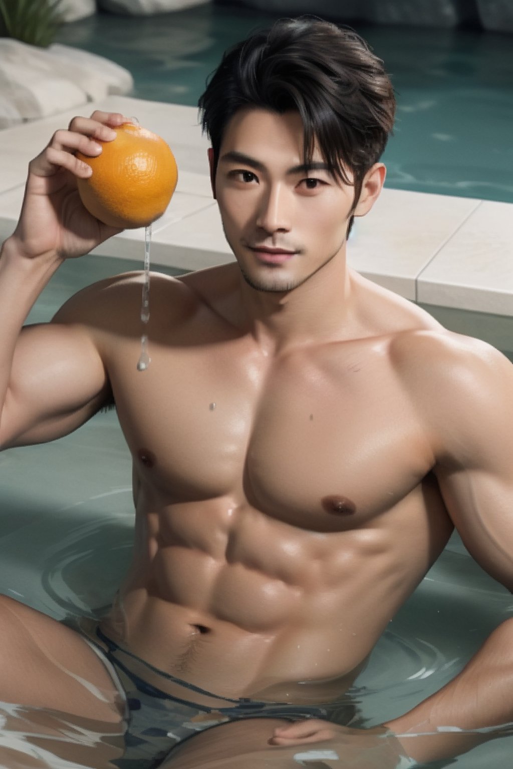 a handsome Japanese man about 28 yeas old , stubble,middle muscular,in hot spring,highly details, high-impact strictly face,hyperrealism, 7680 x 4320 pixels resolution showcases his sharp features, grisp rendering quality pixels, lifelike photography showcasing an physique ,
Oranges,murky mineral water,Condensed milk-white water
