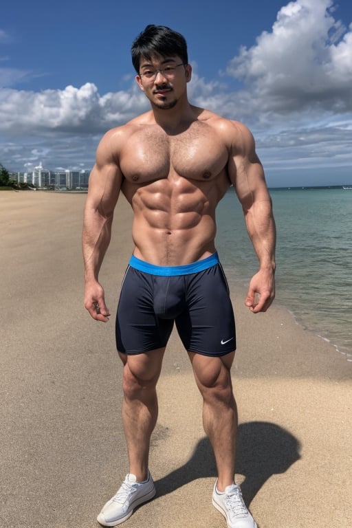 Asian man, handsome , Red glasses frame and reflecting glasses,stubble  , muscle, photorealistic,  briefs ,full_body ,strong legs ,big calf,big calves, jocking at beaches,alone 