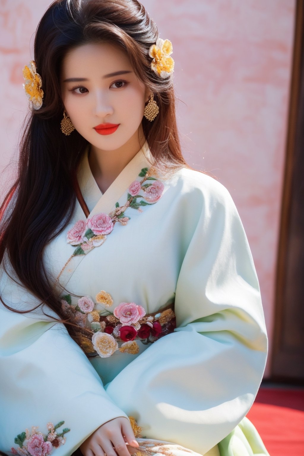 1girl, solo, looking at viewer, black hair, hair ornament, long sleeves, brown eyes, jewelry, upper body, flower, earrings, hair flower, wide sleeves, lips, chinese clothes, realistic, red lips, hanfu