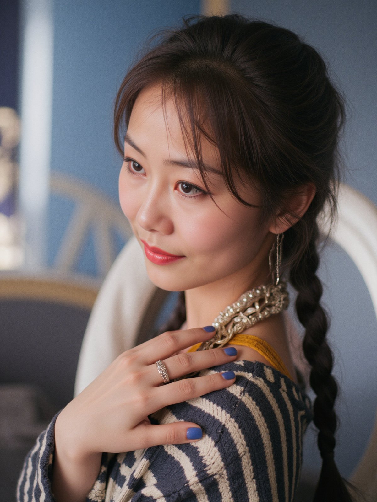 35mm film,Film grain, cinematic film still, shallow depth of field, highly detailed, high budget,blurry, depth_of_field, blurry_background, blurry_foreground, photo_\(medium\), 1girl, nail_polish, photo_background, braid, striped, twin_braids, 3d, earrings, solo, jewelry, blue_nails, realistic, asian, black_hair, motion_blur