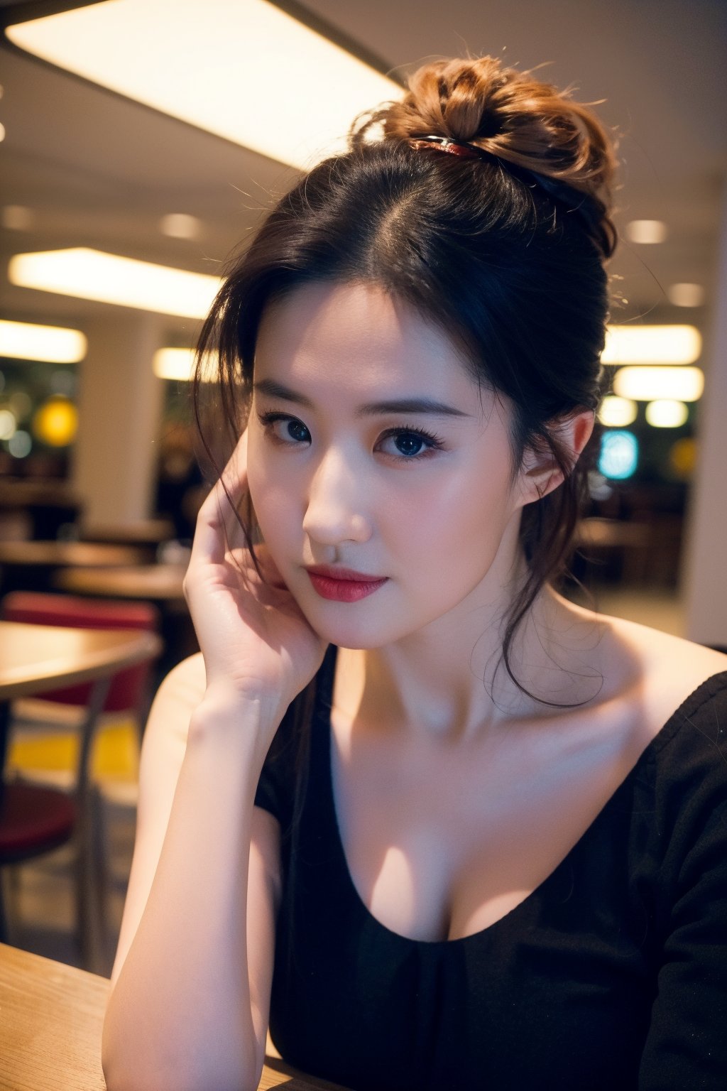 35mm film, one pretty girl, solo, updo, prefect face, makeup, big tits, cleavage, black shirt, looking at viewer, 90s mall food court, dining tables, bright lights, softbox lighting, upper body, epiCPhoto,