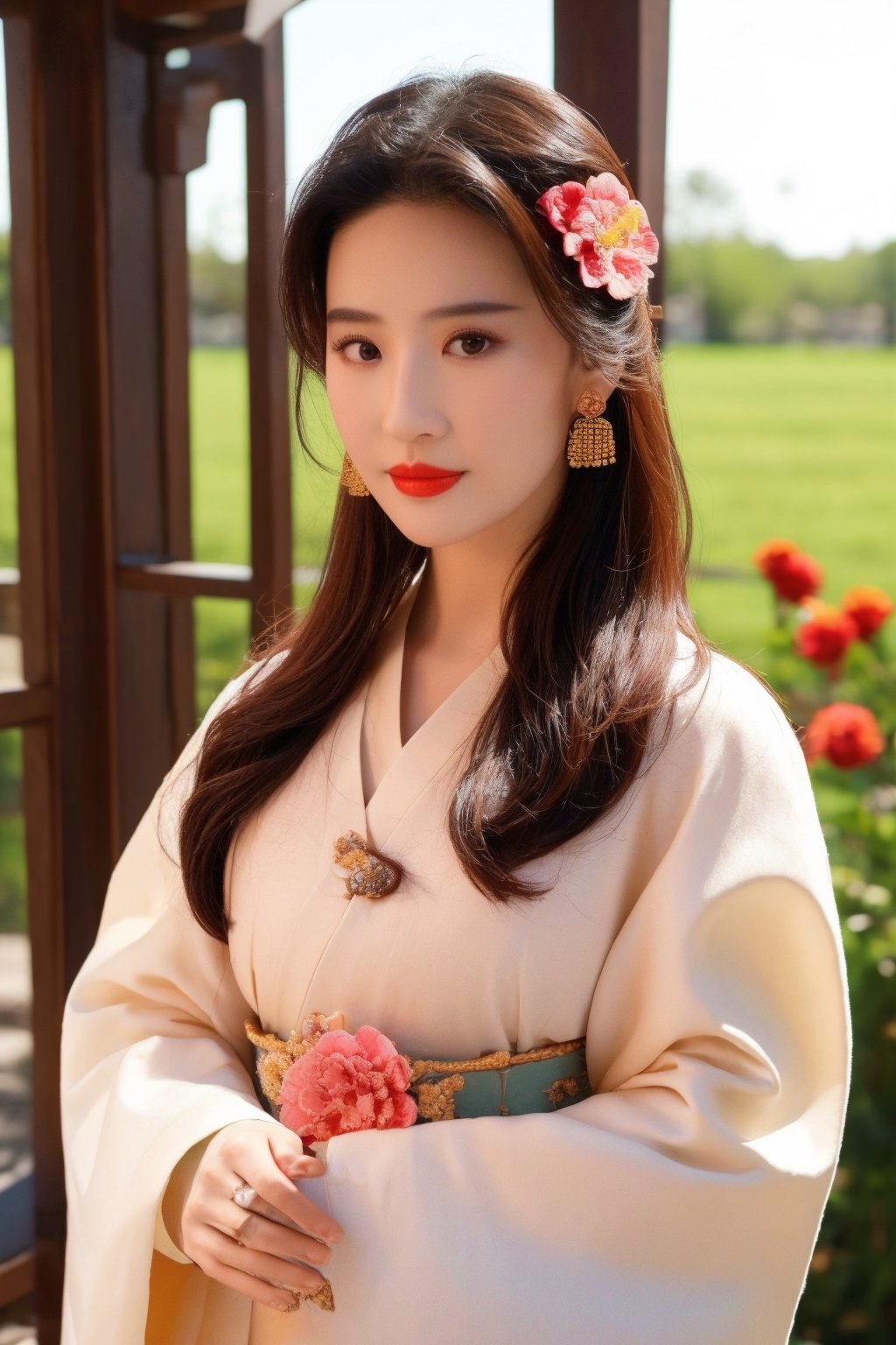 1girl, solo, looking at viewer, black hair, hair ornament, long sleeves, brown eyes, jewelry, upper body, flower, earrings, hair flower, wide sleeves, lips, chinese clothes, realistic, red lips, hanfu