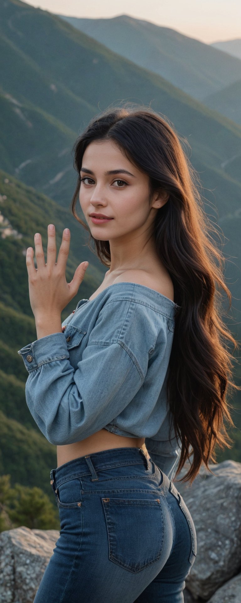 (masterpiece, best quality, ultra-detailed, 8K),high detail, realisitc detailed,
a beautiful young girl with long flowy black hair over shoulders in the dark, jeans outfits,   brown eyes, pale soft skin, kind smile, glossy lips, a serene and contemplative mood, setting on the top of the mountain, some people walking in the street. making Victory Hand Gesture,