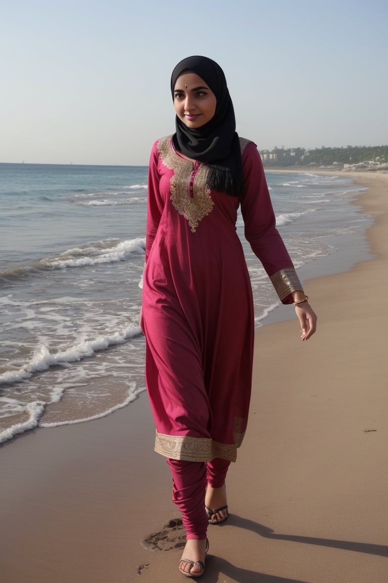 beautiful muslim 19 year old girl,REALISTIC,INDIAN,FEMALE,GIRL,PHOTO, wearing salwar kameez walking on the beach 