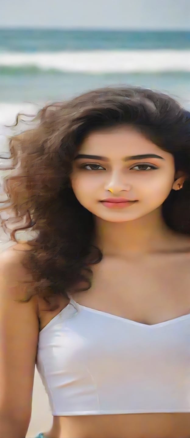 beautiful cute young attractive indian Muslim girl, teenage girl, 18 year old, 34-26-36 stats, instagram model,curly hair, beautiful face, fair white skin, her confidence evident in her posture, her chest subtly accentuated,on sea beach