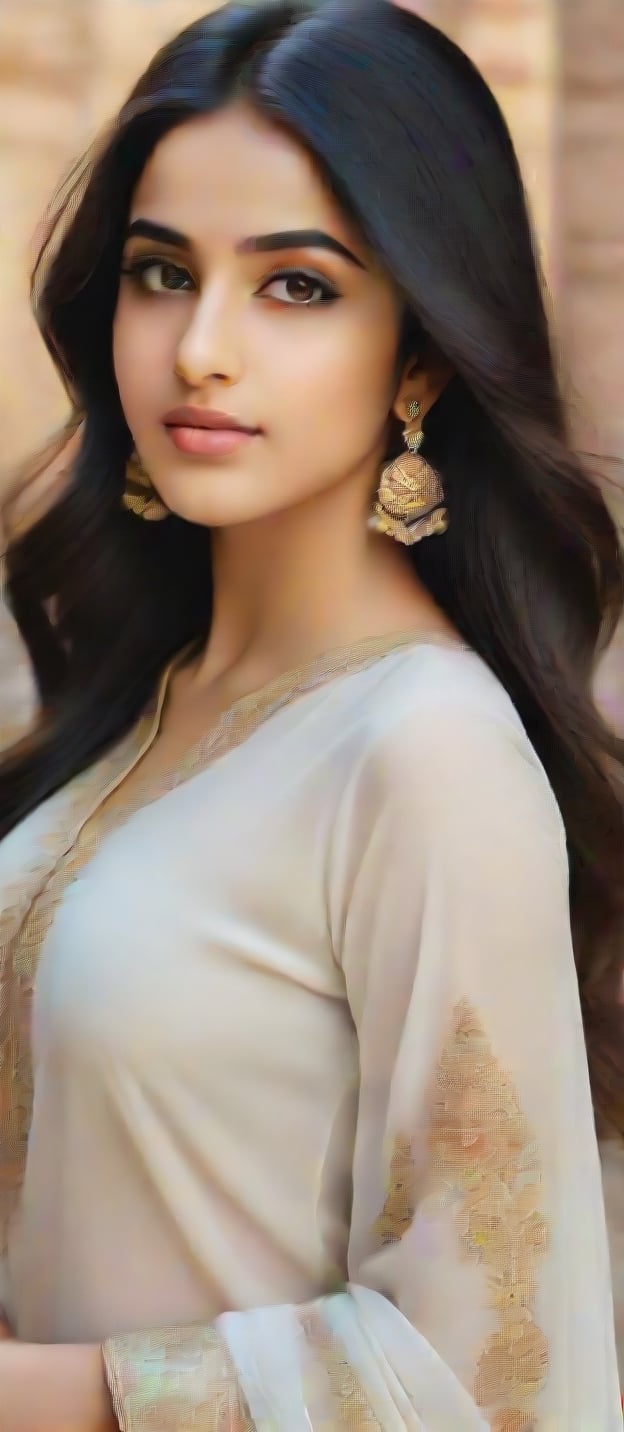 beautiful cute young attractive indian Muslim girl, teenage girl, 18 year old, 34-26-36 stats, instagram model,long black hair, beautiful face, fair white skin, her confidence evident in her posture, her chest subtly accentuated, 3D rendering, focusing on lifelike textures and lighting effects, --ar 16:9 --v 5