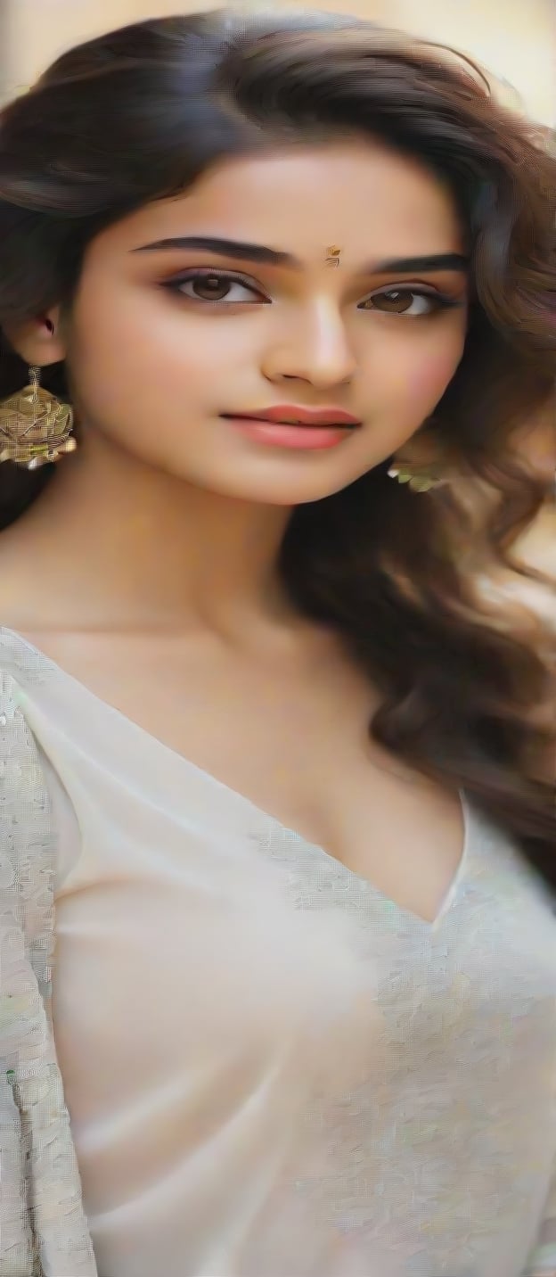 beautiful cute young attractive indian Muslim girl, teenage girl, 18 year old, 34-26-36 stats, instagram model,curly hair, beautiful face, fair white skin, her confidence evident in her posture, her chest subtly accentuated, 3D rendering, focusing on lifelike textures and lighting effects, --ar 16:9 --v 5
