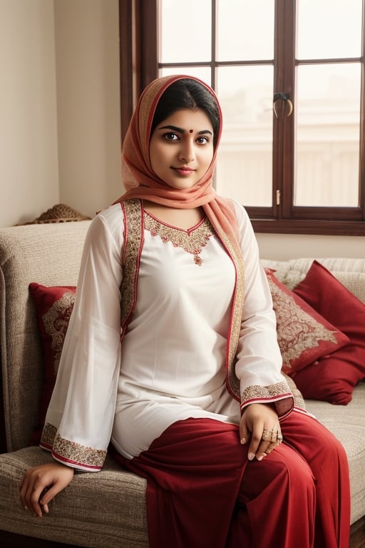 beautiful muslim 19 year old girl,REALISTIC,INDIAN,FEMALE,GIRL,PHOTO, wearing salwar kameez of white colors and dupatta of red color, sitting in home in a sofas