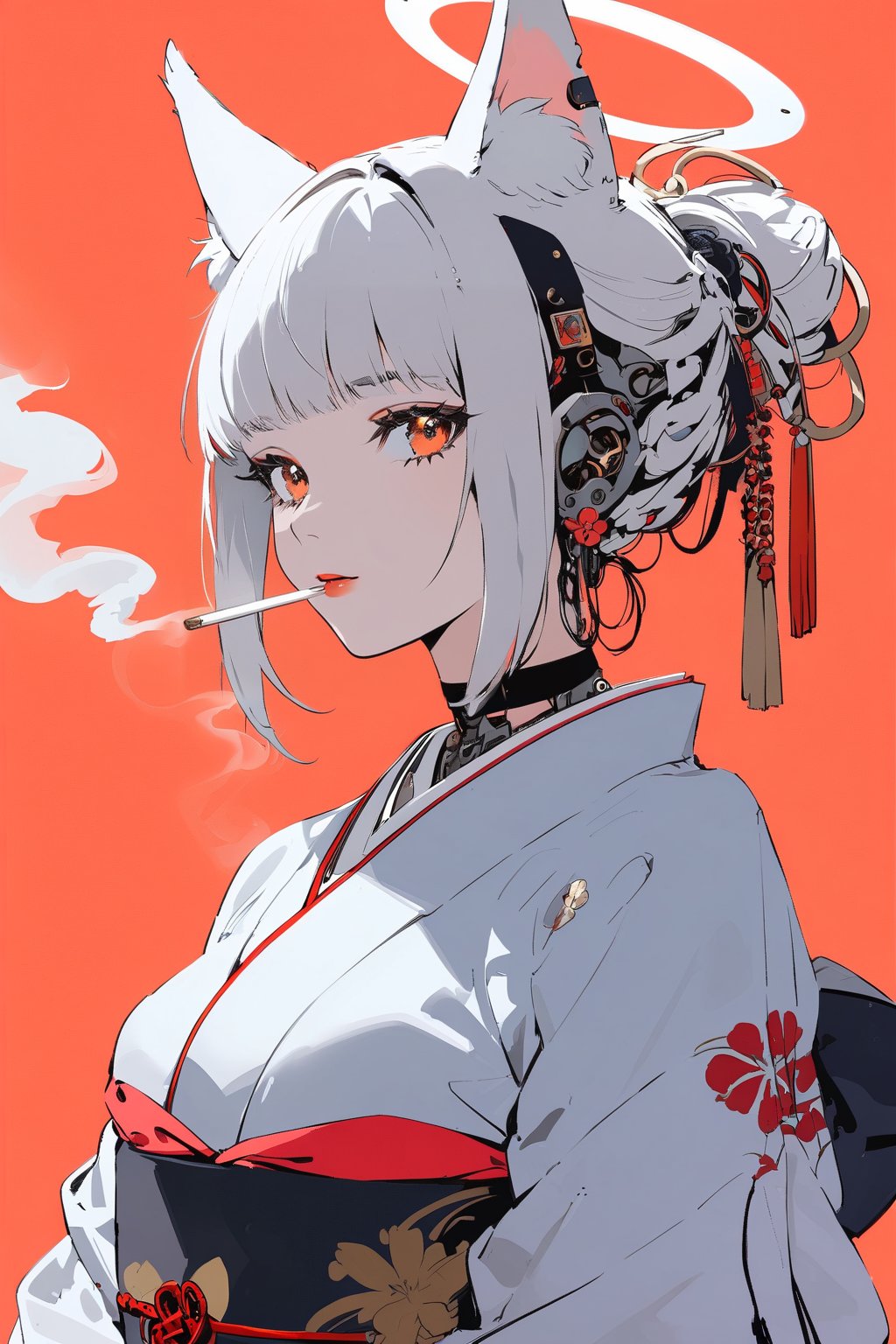 (by Carne Griffiths, Conrad Roset), 1girl,cyborg,android,mechanical, mechanical parts, mechanical joints, solo, looking at viewer, short hair, bangs, red eyes, animal ears, jewelry, upper body, white hair, earrings, japanese clothes, horns, choker, kimono, animal ear fluff, black choker, halo, red background, smoke, cigarette, white kimono, smoking, egasumi m3,Dark Manga of,Dark Anime of