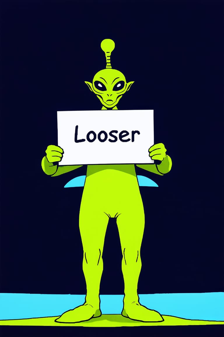 Photo of celebrating alien holding a sign that says "LOOSER"