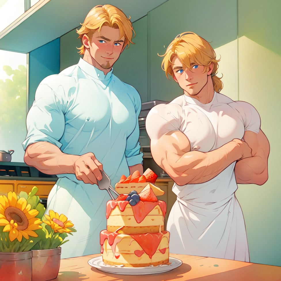 two men (two male), the one man has dark brown long hair, the other man character has short blond hair, blue eyes, they are eating cake, comfortable kitchen, motning, light color predominates, mature, handsome, muscle, mature, muscular, beefy, masculine, charming, alluring, affectionate eyes, lookat viewer, (perfect anatomy), perfect proportions, best quality, white colors, masterpiece, high_resolution, Dutch angle, cowboy shot, kitchen background, watercolor, soft linear, simple colors, no shadows, no shading, black contour line