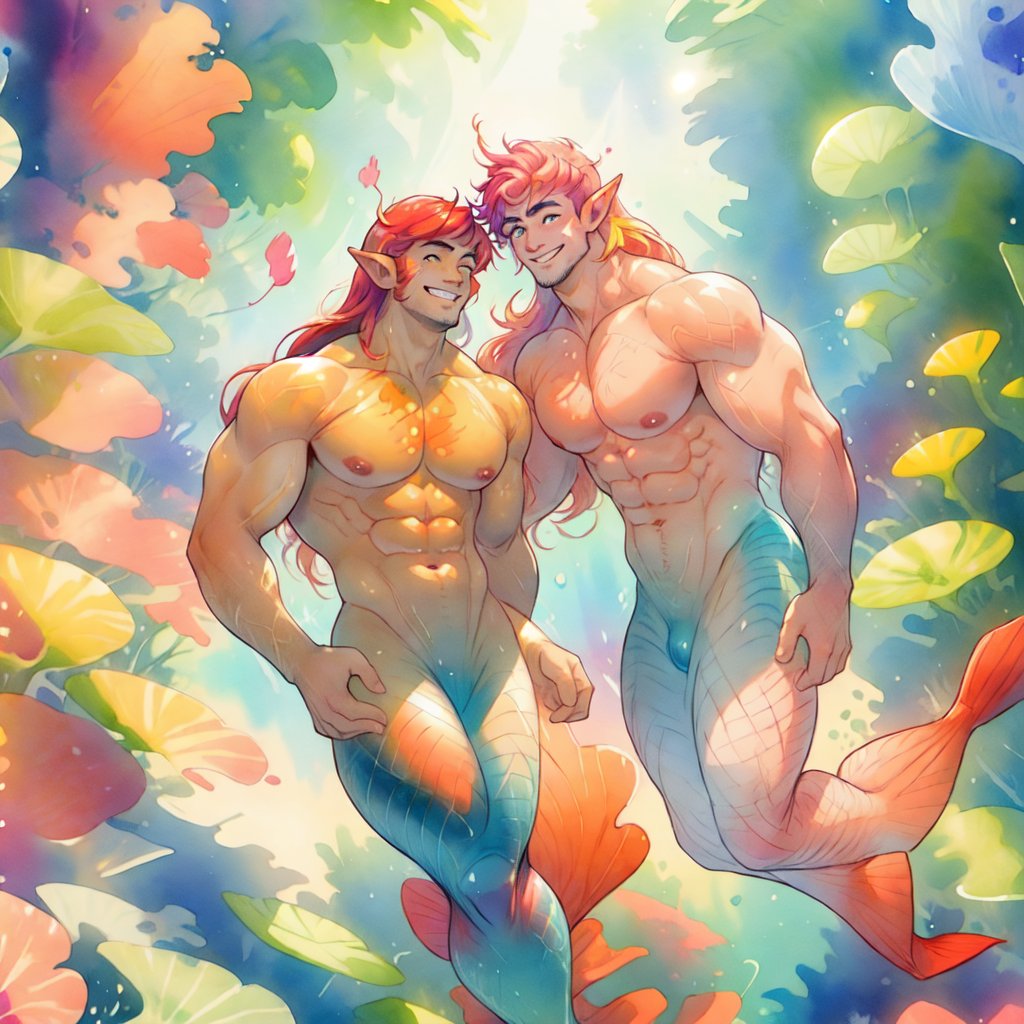  ((best quality)), ((masterpiece)), (detailed), ((perfect face)), male, two happy mermen are swimming, two merfolks, adult, long hair, lean and muscular body, finned ears, fins, tail glows slightly with luminous scales, very long mermaid tails, bioluminescent, markings along his body,watercolor, multicolor, perfect light,portrait,CrclWc