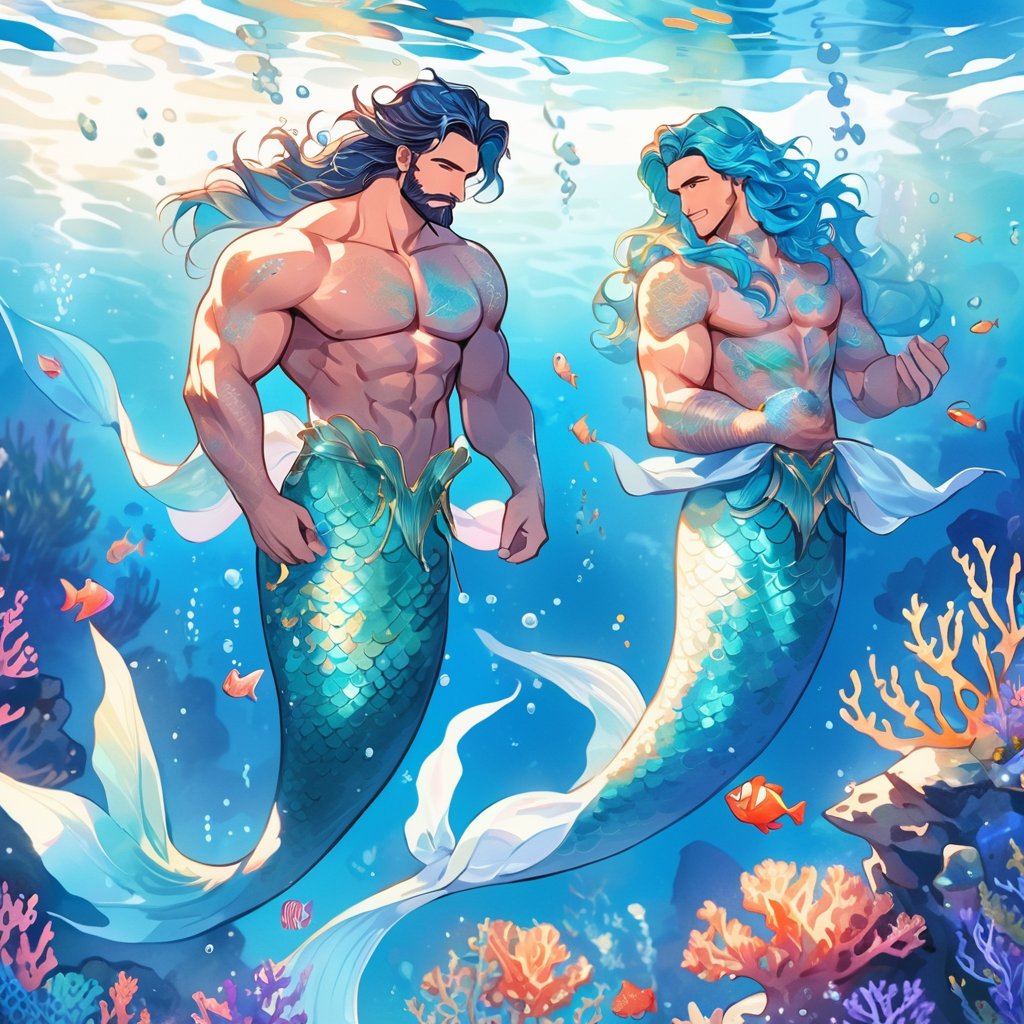 ((best quality)), ((masterpiece)), (detailed), ((perfect face)), male, broad shouldered men, adult, european handsome faces, ((two mermen)), two cheerful mermen are swimming, two merfolks, full bodies, adult, long hair, lean and huge muscular body, finned ears, fins, tail glows slightly with luminous scales, very long mermaid tails, bioluminescent, markings along his body, bright saturated, multicolor, coloring in anime style, interesting seascape, fish, corals, beautiful turquoise clear water, light penetrating through the water, perfect light, anime,watercolor