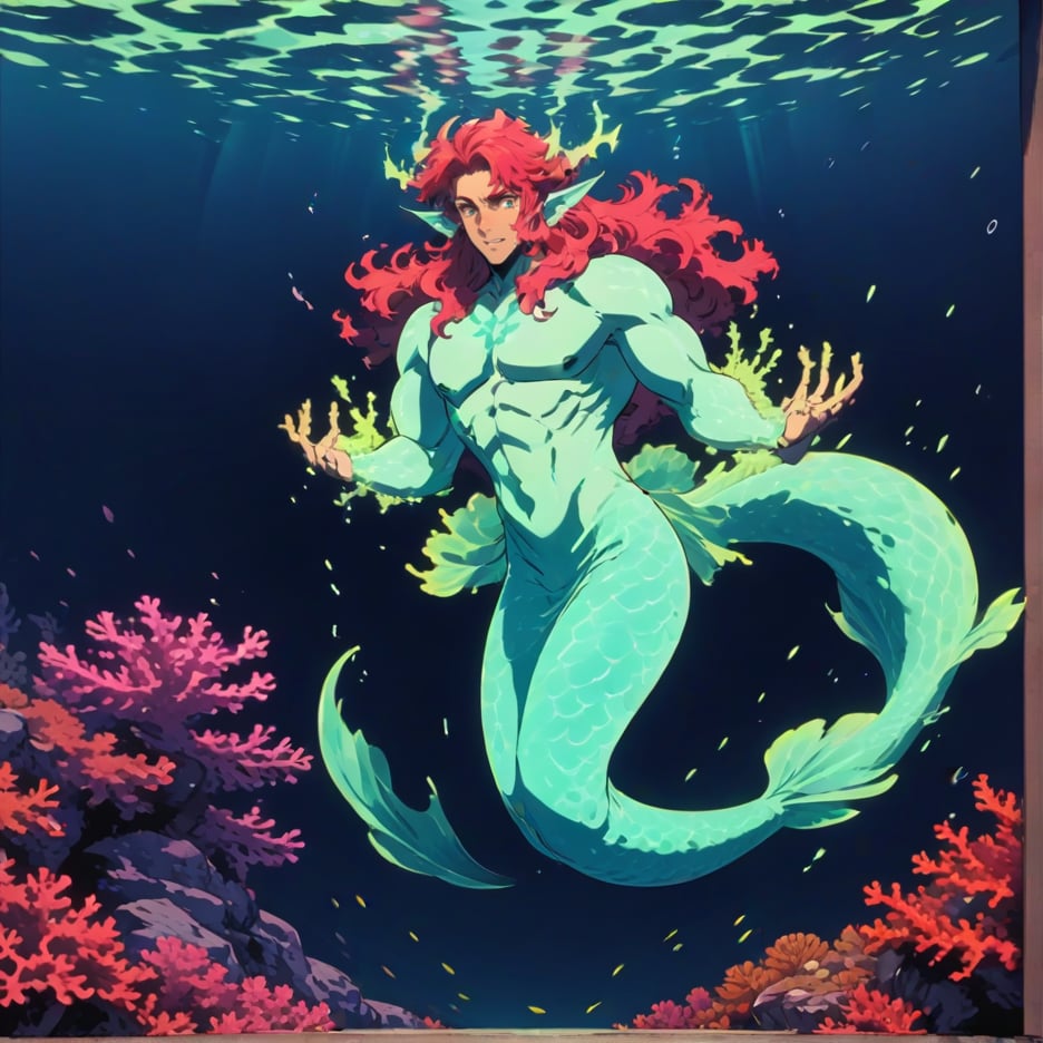 ((best quality)), ((masterpiece)), (detailed), ((perfect face)), male, broad shouldered men, adult, european handsome faces, ((two mermen)), two cheerful mermen are swimming, two merfolks, full bodies, adult, long hair, lean and huge muscular body, finned ears, fins, tail glows slightly with luminous scales, very long mermaid tails, bioluminescent, markings along his body, bright saturated, multicolor, coloring in anime style, interesting seascape, fish, corals, beautiful turquoise clear water, light penetrating through the water, perfect light, anime,man,<lora:659095807385103906:1.0>,<lora:659095807385103906:1.0>