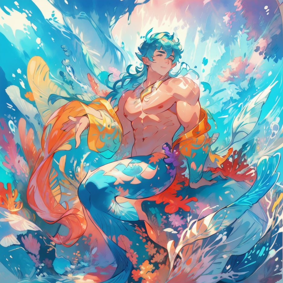 ((best quality)), ((masterpiece)), (detailed), ((perfect face)), male, broad shouldered men, european handsome faces, ((two mermen)), two cheerful mermen are swimming, full bodies, adult, long hair, lean and huge muscular body, finned ears, fins, tail glows slightly with luminous scales, very long mermaid tails, bioluminescent, markings along his body, bright saturated watercolor, multicolor, coloring in anime style, interesting seascape, fish, corals, beautiful turquoise clear water, light penetrating through the water, perfect light,watercolor