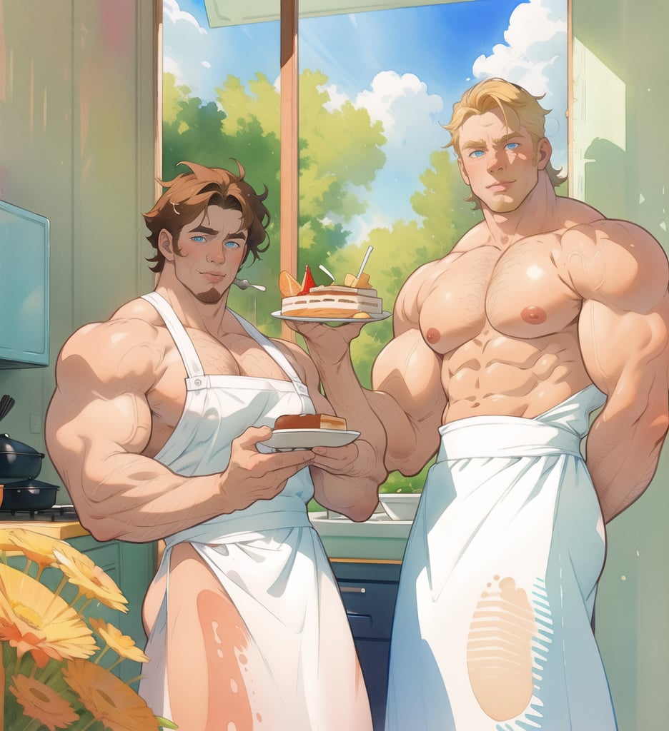 two men (two male), the one man has dark brown long hair, the other man character has short blond hair, blue eyes, they are eating cake, comfortable kitchen, motning, light color predominates, mature, handsome, muscle, mature, muscular, beefy, masculine, charming, alluring, affectionate eyes, lookat viewer, (perfect anatomy), perfect proportions, best quality, white colors, masterpiece, high_resolution, Dutch angle, cowboy shot, kitchen background, watercolor, soft linear, simple colors, no shadows, no shading, black contour line