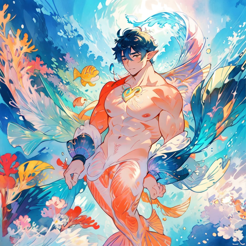 ((best quality)), ((masterpiece)), (detailed), ((perfect face)), male, broad shouldered men, european handsome faces, ((two mermen)), two cheerful mermen are swimming, full bodies, adult, long hair, lean and huge muscular body, finned ears, fins, tail glows slightly with luminous scales, very long mermaid tails, bioluminescent, markings along his body, bright saturated watercolor, multicolor, coloring in anime style, interesting seascape, fish, corals, beautiful turquoise clear water, light penetrating through the water, perfect light,watercolor