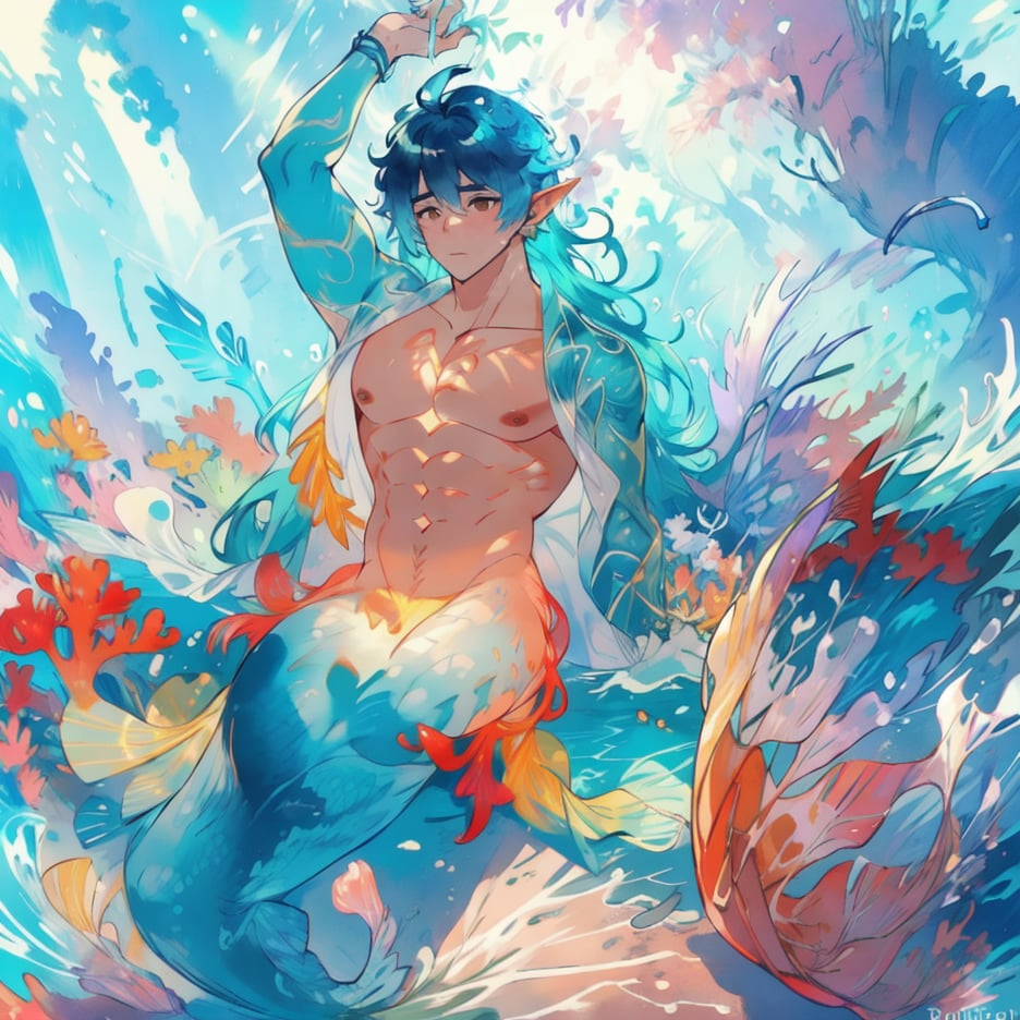 ((best quality)), ((masterpiece)), (detailed), ((perfect face)), male, broad shouldered men, european handsome faces, ((two mermen)), two cheerful mermen are swimming, full bodies, adult, long hair, lean and huge muscular body, finned ears, fins, tail glows slightly with luminous scales, very long mermaid tails, bioluminescent, markings along his body, bright saturated watercolor, multicolor, coloring in anime style, interesting seascape, fish, corals, beautiful turquoise clear water, light penetrating through the water, perfect light,watercolor