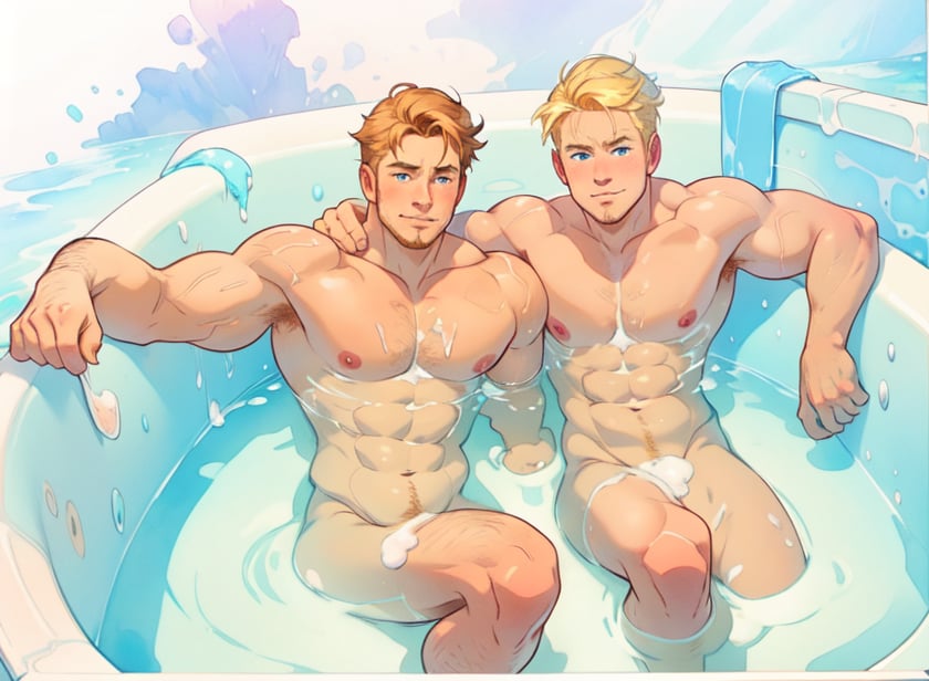 two men (two male), the one man has dark brown long hair, the other man has short blond hair, blue eyes, they are sitting in the bath in the water, there is foam on the water and there is a lot of foam around, rainbow soap bubbles are flying, white color predominates, no clothing, mature, handsome, muscle, mature, muscular , beefy, masculine, charming, alluring, affectionate eyes, lookat viewer, (perfect anatomy), perfect proportions, best quality, in the bathroom, white colors, in the morning, they are surrounded by soap foam, masterpiece, high_resolution, Dutch angle, cowboy shot,bathroom background, watercolor, soft linear, simple colors, no shadows, no shading